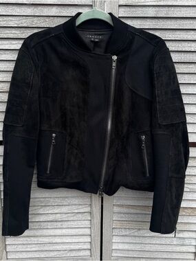 Theory Shezi K Perfect Black Lamb Suede Mixed Media Moto Bomber Jacket L